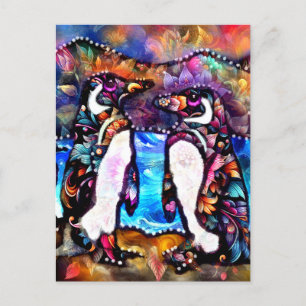 Abstrakte Whimsical Pinguin Familie Blumenfarben Postkarte