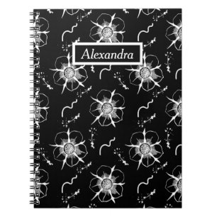 Abstrakte White Line Art Blume auf Black Notebook Notizblock