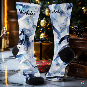 Abstrakte Winter-Socken in Blau und Lavendel mit S Socken