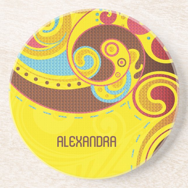 Abstrakte Wirbel-Monogramm in warmen und gelben Fa Getränkeuntersetzer (Vorne)