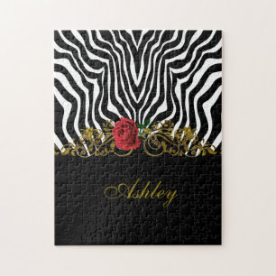 Abstrakte Zebra Blume Red Schwarz-weiß Gold Puzzle