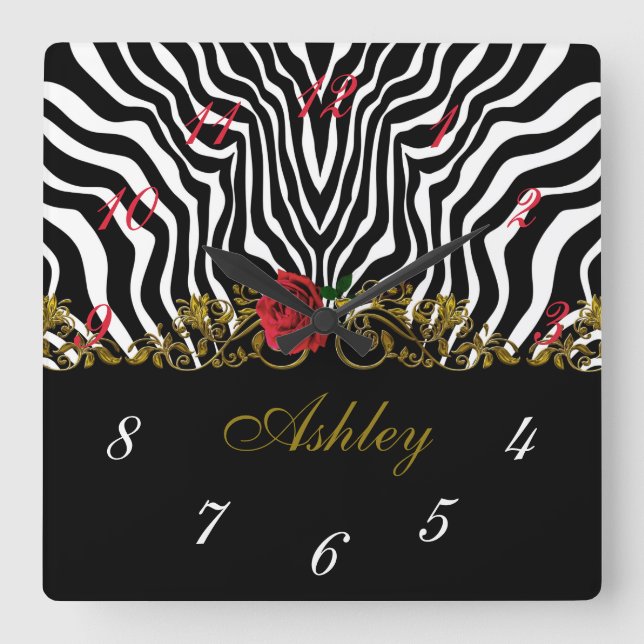 Abstrakte Zebra Blume Red Schwarz-weiß Gold        Quadratische Wanduhr (Vorderseite)