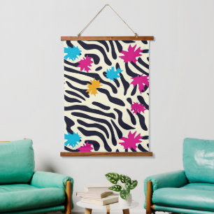Abstrakte Zebra-Streifen mit Leaf Paint Splash Wandteppich Mit Holzrahmen