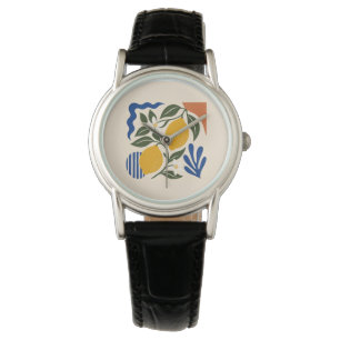 Abstrakte Zitronenblätter Boho Blau Creme Uhr