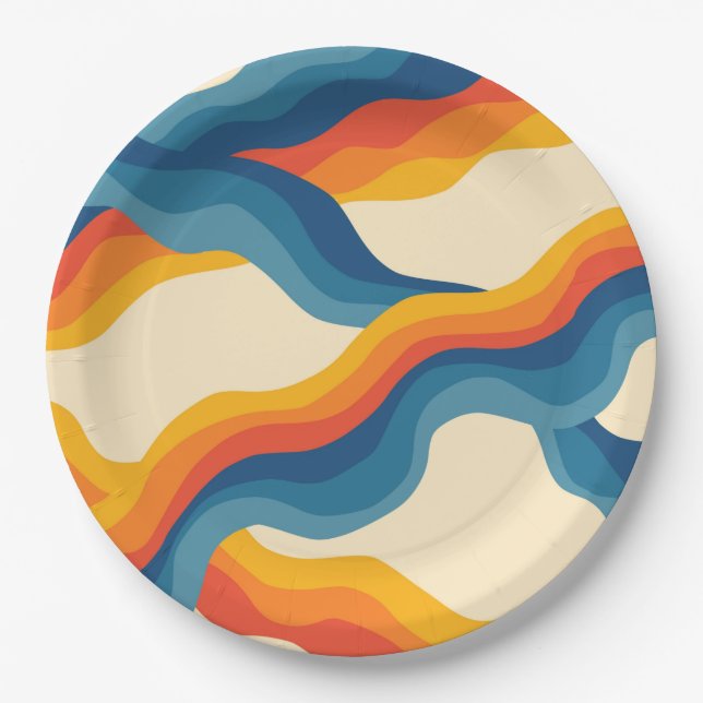 Abstrakter 70er Retro Orange Blue Wavy Strip Muste Pappteller (Vorderseite)