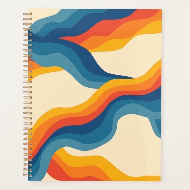 Abstrakter 70er Retro Orange Blue Wavy Strip Muste Planer (Vorderseite)