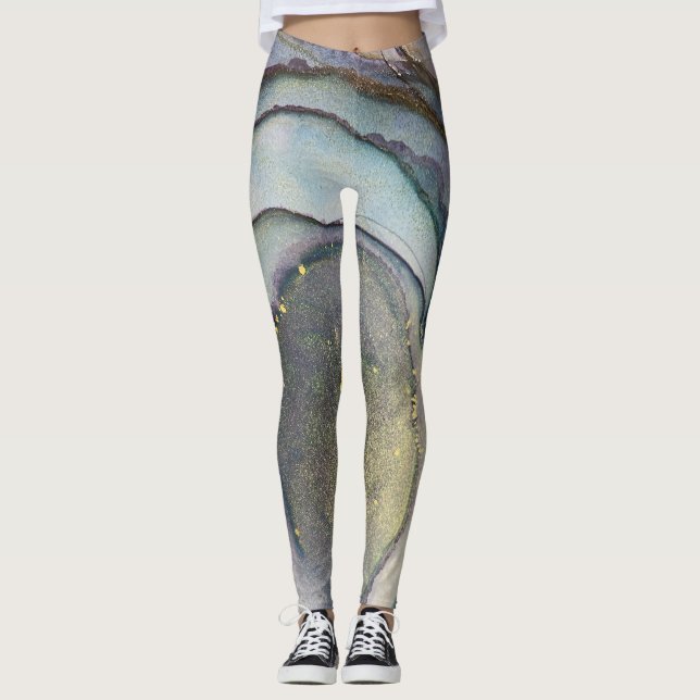 Abstrakter Alkohol Tinte Aquamarin Lila Grau Gold Leggings (Vorderseite)