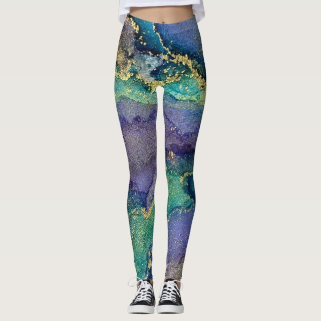 Abstrakter Alkohol Tinte Art Blue Green Lila & Gol Leggings (Vorderseite)