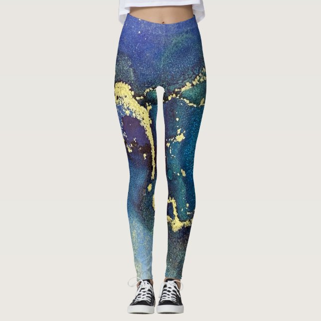 Abstrakter Alkohol Tinte Blue Gold Aqua Lila Leggings (Vorderseite)