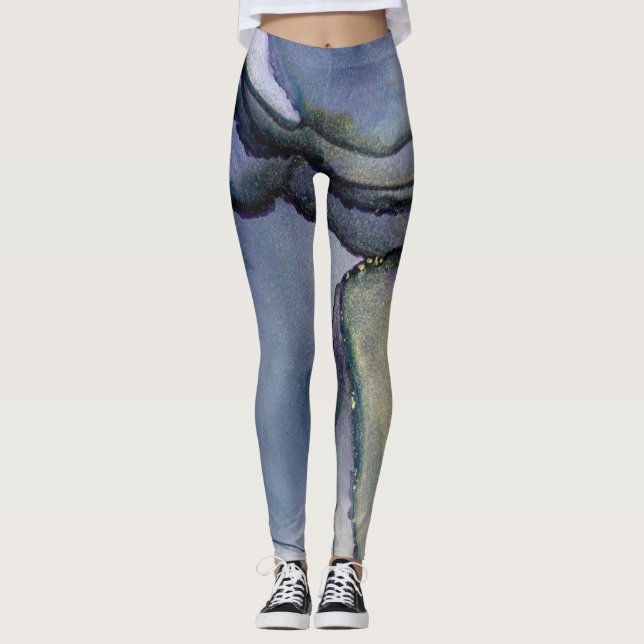 Abstrakter Alkohol Tinte Shimmery Blue & Gold Leggings (Vorderseite)