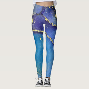 Abstrakter Alkoholtink Aquamarin Lila Blau & Gold Leggings