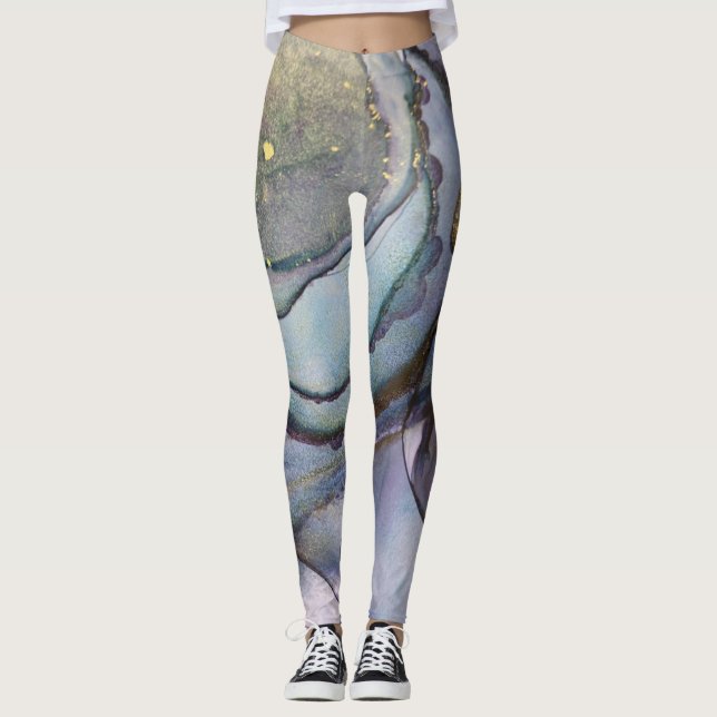 Abstrakter Alkoholtink Glimmery Lila Aquamarin Gol Leggings (Vorderseite)