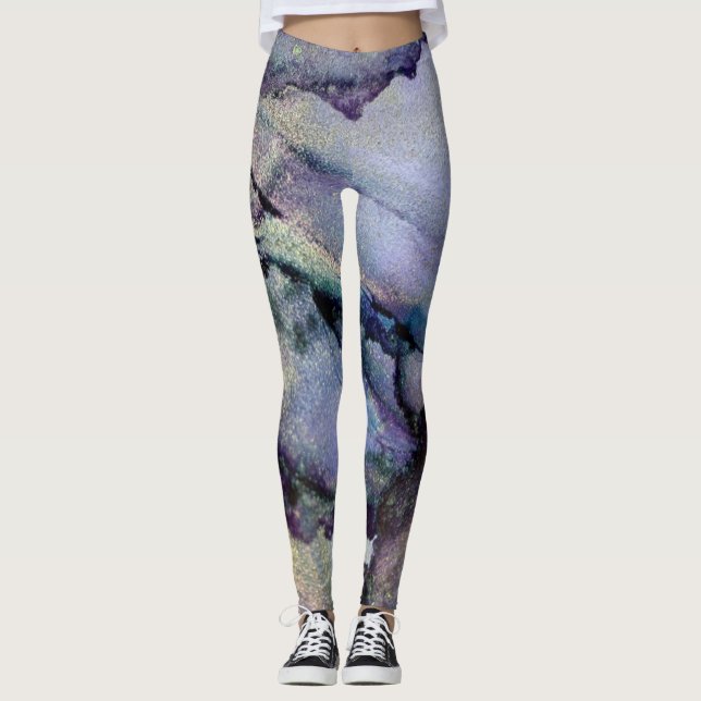 Abstrakter Alkoholtink Glimmery Lila Aquamarin Gol Leggings (Vorderseite)