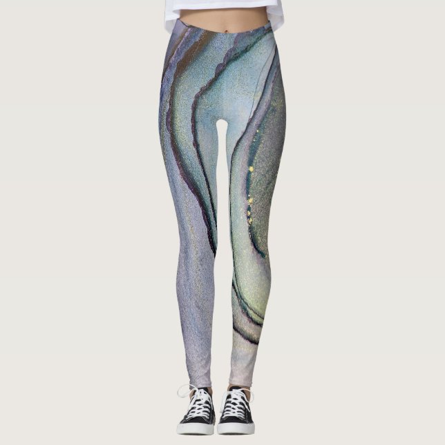 Abstrakter Alkoholtink Glimmery Lila Aquamarin Gol Leggings (Vorderseite)