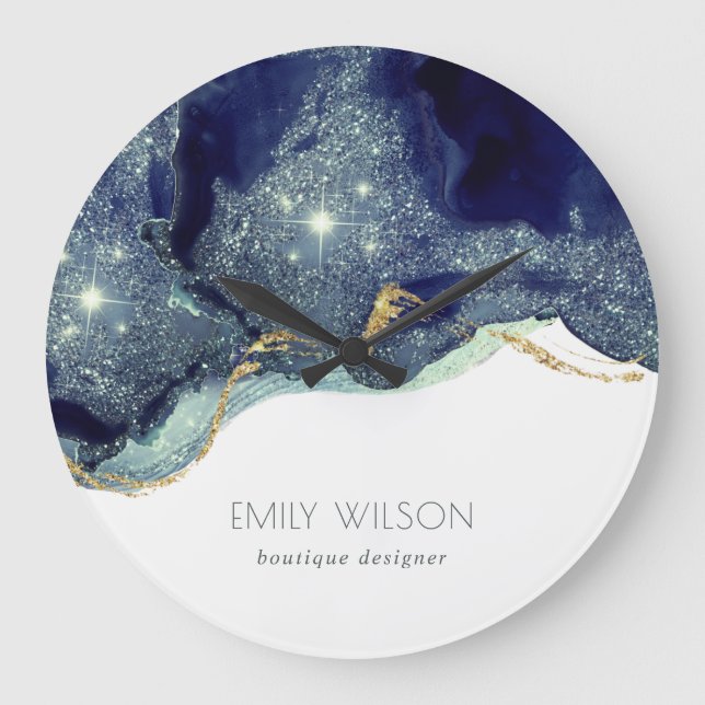 Abstrakter Alkoholtink Silver Navy Blue Glitzer Große Wanduhr (Vorderseite)