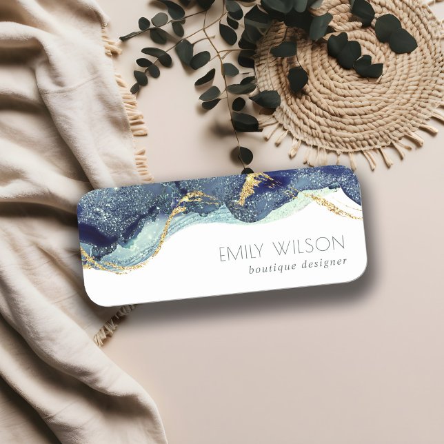 Abstrakter Alkoholtink Silver Navy Blue Glitzer Namensschild (Von Creator hochgeladen)