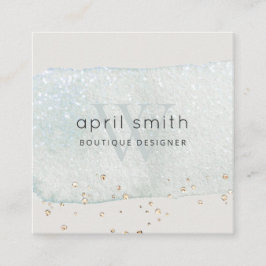Abstrakter Aqua Blue Brush Stoß Monogram Glitzer Quadratische Visitenkarte