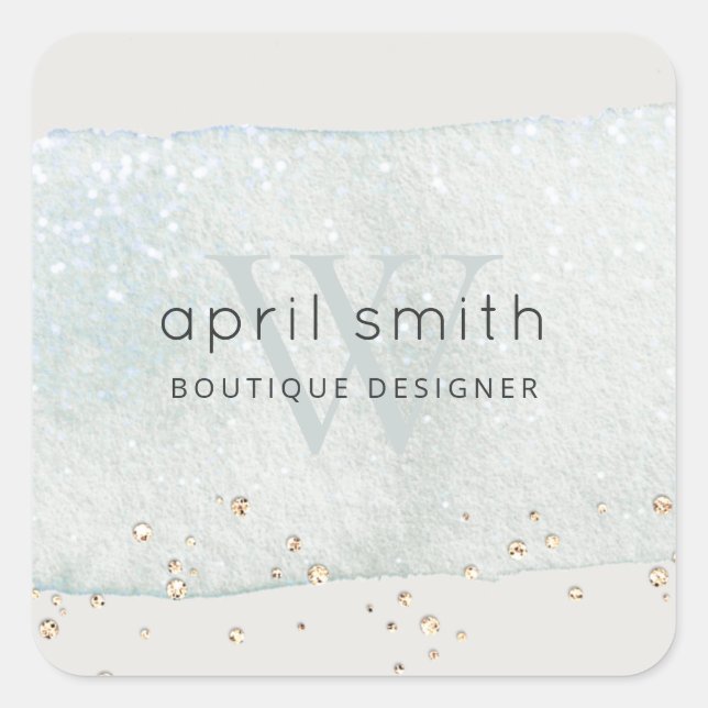 Abstrakter Aqua Blue Brush Stoß Monogram Glitzer Quadratischer Aufkleber (Vorderseite)
