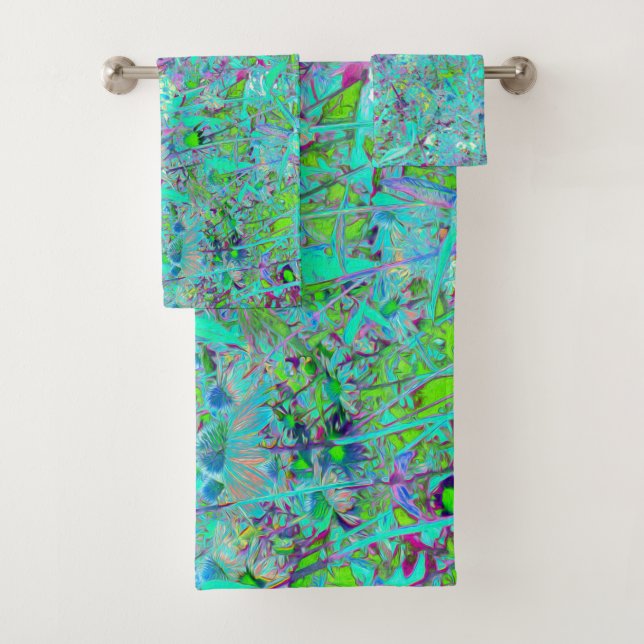 Abstrakter Aqua Green und Lila Tiefgarten Badhandtuch Set (Insitu)