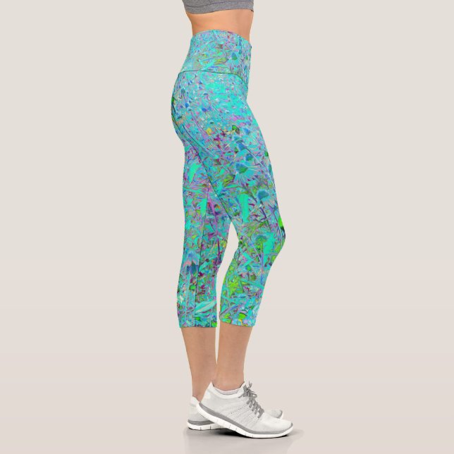 Abstrakter Aqua Green und Lila Tiefgarten Capri Leggings (Rechts)