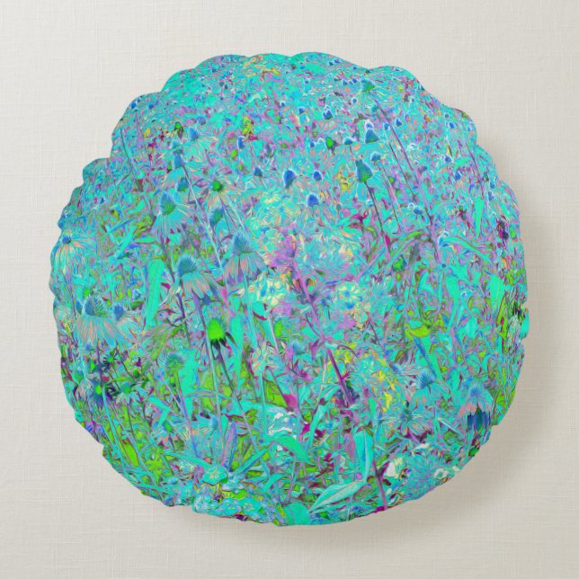 Abstrakter Aqua Green und Lila Tiefgarten Rundes Kissen (Vorderseite)