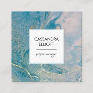 Abstrakter Aquamariner Blue & Gold Alkohol Tinte F Quadratische Visitenkarte