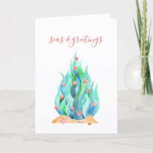 Abstrakter Aquarell-Seetang-Baum-Küsten-Weihnachte Feiertagskarte