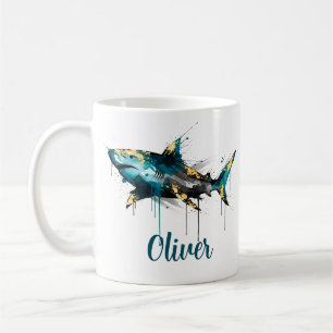 Abstrakter Aquarell-Teal-Tintenspritzer & Gold-Hai Kaffeetasse