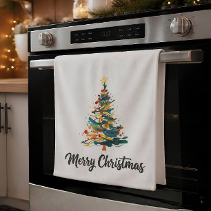 Abstrakter Aquarell-Weihnachtsbaum Frohe Weihnacht Geschirrtuch