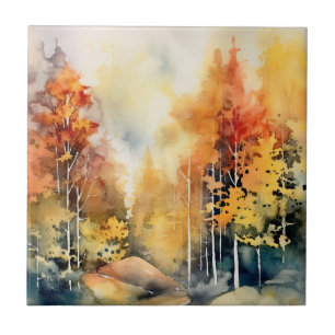 Abstrakter Aquarellwald in Bernstein-Blau-Landscha Fliese