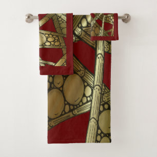 Abstrakter Bambus & Bubbles Maroon Black & Gold Badhandtuch Set