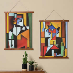 Abstrakter Barkeeper Cubist Wall Tapestry Wandteppich Mit Holzrahmen