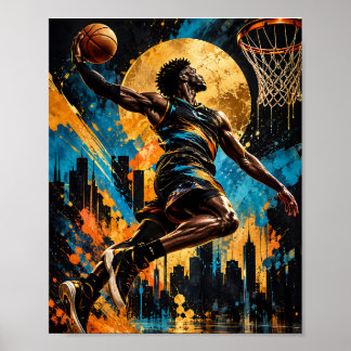 Abstrakter Basketballspieler, der zum Korb fliegt  Poster