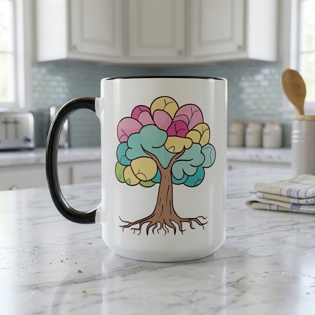Abstrakter Baum mit Wurzeln und bunten Blätter. Tasse (Abstract Pastel Brain Tree Art Print. Mug)