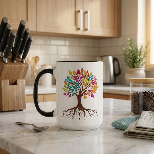 Abstrakter Baum mit Wurzeln und bunten Blätter. Tasse (Vibrant Tree of Life: Roots and colorful leaves. Mug)