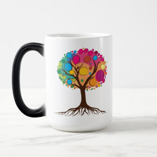 Abstrakter Baum mit Wurzeln und bunten Blätter. Verwandlungstasse