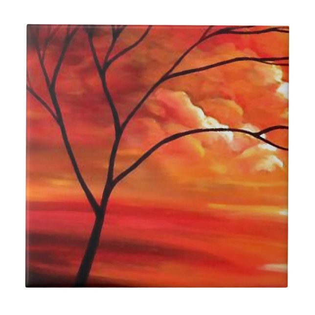 Abstrakter Baum und Roter Sonnenuntergang Fliese (Vorderseite)