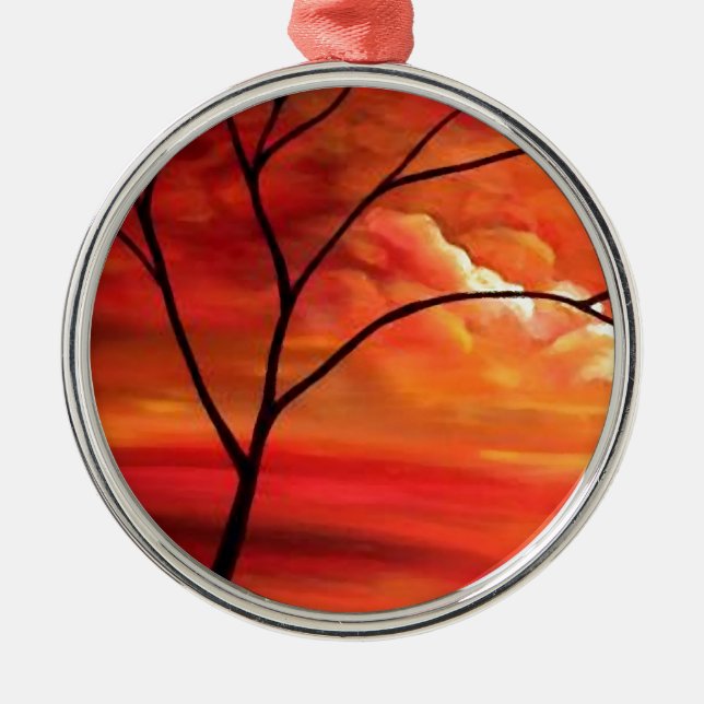 Abstrakter Baum und Roter Sonnenuntergang Ornament Aus Metall (Vorne)