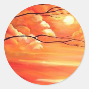 Abstrakter Baum und Roter Sonnenuntergang Runder Aufkleber