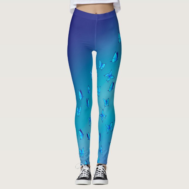 Abstrakter blauer Mond und Schmetterlinge Leggings (Vorderseite)