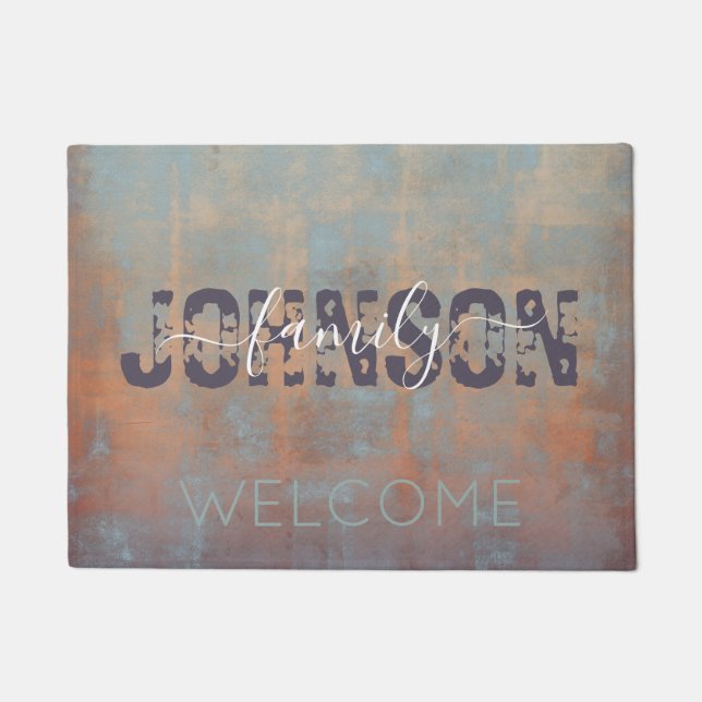 Abstrakter Blauer Rost Lila rustikale Familienmono Fußmatte (Vorderseite)