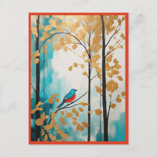 Abstrakter Blauer Vogel im Herbst Golden Blätter F Postkarte