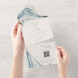 Abstrakter Blue Gold Beachy Wedding QR Code All In One Einladung