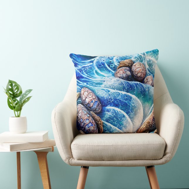 Abstrakter Blue Ocean Wave Marbella Goldene Kunst Kissen (Stuhl )