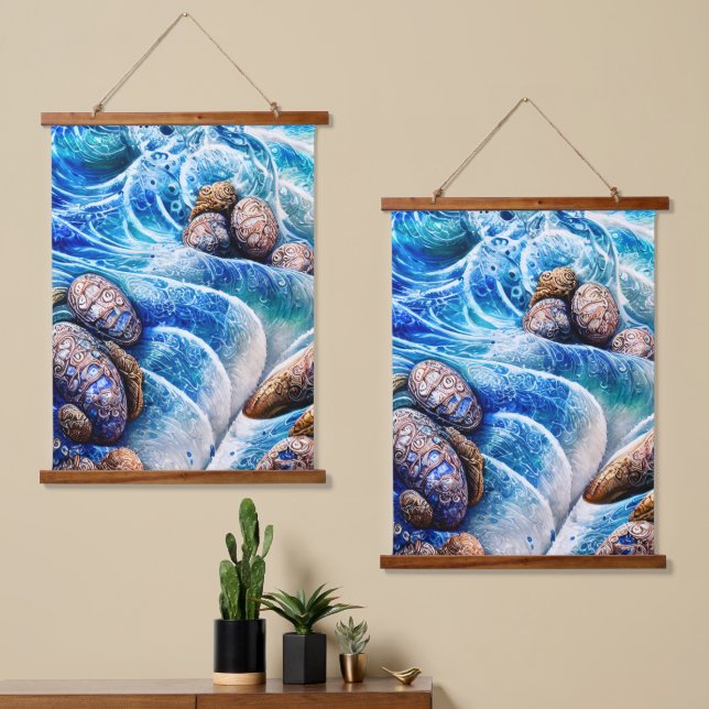 Abstrakter Blue Ocean Wave Marbella Goldene Kunst Wandteppich Mit Holzrahmen (Asymmetrisch)