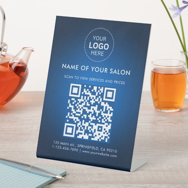 Abstrakter Blue Salon Business QR-Code und Logo Sockelschild (In Situ)