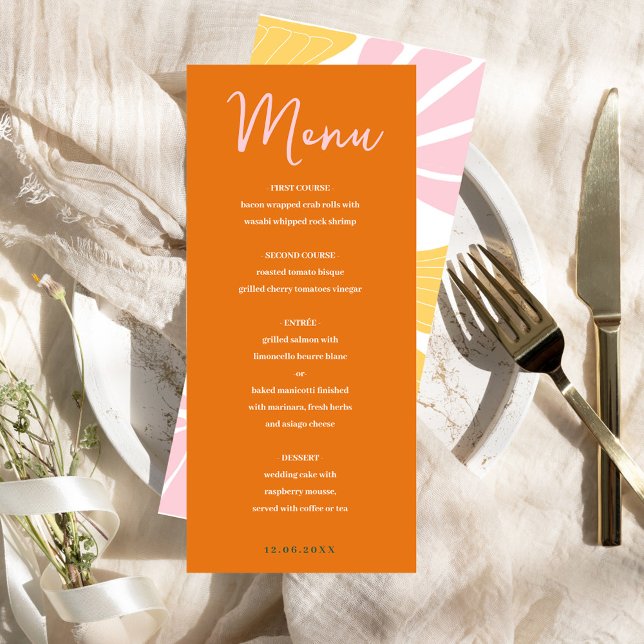 Abstrakter Blumengelb- und orangefarbener Farbmix Menükarte (Abstract floral yellow & orange pink mix and match menu)