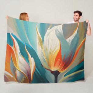 Abstrakter Blumenschimmer in Türkis und Orange Fleecedecke