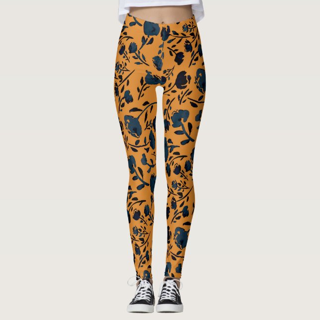 Abstrakter BlumenSenf & Blue Chic Leggings (Vorderseite)
