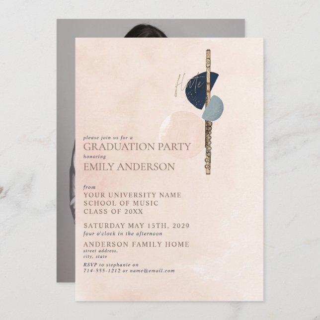 Abstrakter Blush Pink Gold Flute Foto Abschluss Einladung (Vorne/Hinten)